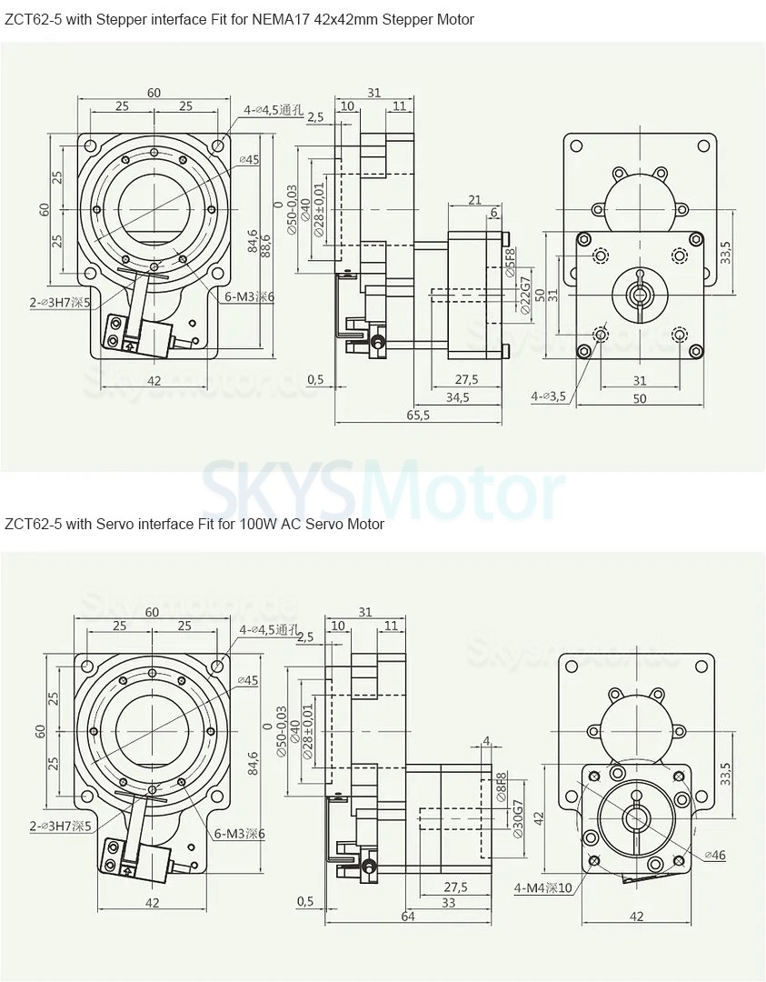 ZCT62-5/ZCT62-10 Hohlstellantrieb Rundschalttisch, Eingangswelle 5mm, Untersetzung 5:1 10:1 für 42mm 100W AC Servomotor/Schrittmotor